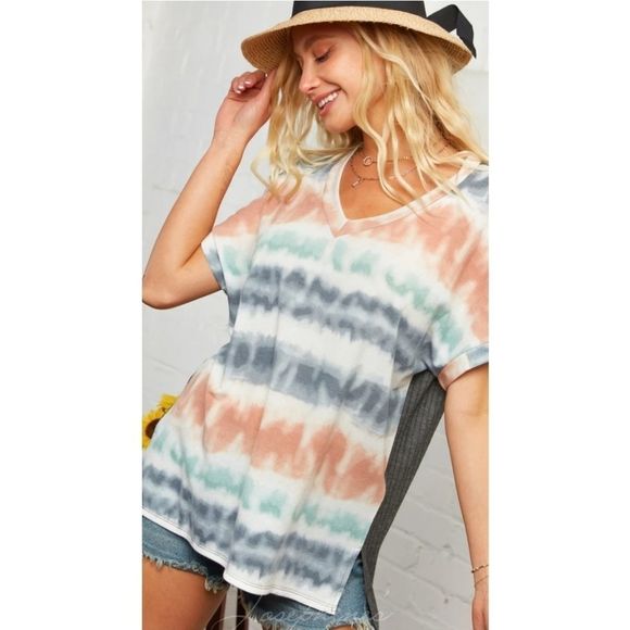 Teal, Mauve And Grey Tie Dye V-Neck Top - Picture 1 of 3